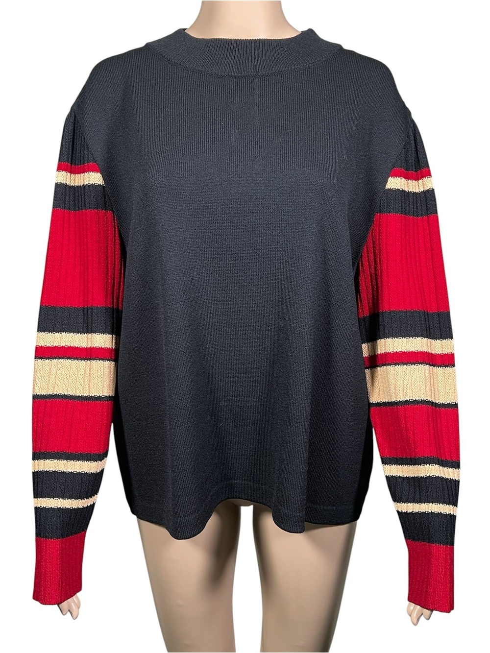 Vtg St. John Sport Marie Gray Santana Knit Mock Neck Sweater XL Black Stripe